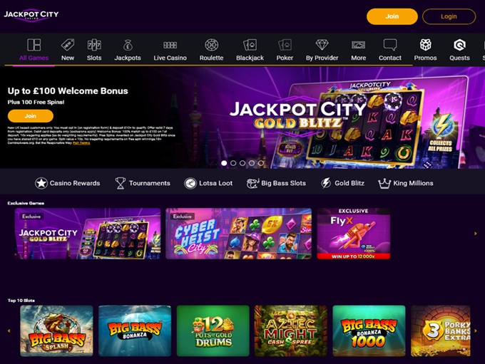 Jackpot City Casino platform interface showing game lobby and promotional banners